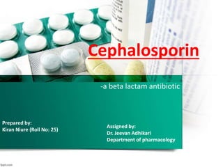 Cephalosporin
-a beta lactam antibiotic
Prepared by:
Kiran Niure (Roll No: 25)
Assigned by:
Dr. Jeevan Adhikari
Department of pharmacology
 