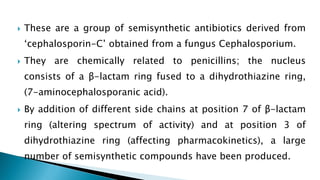  These are a group of semisynthetic antibiotics derived from
‘cephalosporin-C’ obtained from a fungus Cephalosporium.
 They are chemically related to penicillins; the nucleus
consists of a β-lactam ring fused to a dihydrothiazine ring,
(7-aminocephalosporanic acid).
 By addition of different side chains at position 7 of β-lactam
ring (altering spectrum of activity) and at position 3 of
dihydrothiazine ring (affecting pharmacokinetics), a large
number of semisynthetic compounds have been produced.
 