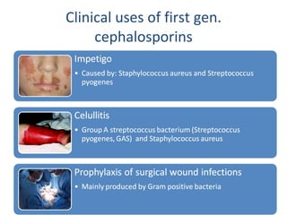 Clinical uses of first gen. cephalosporins 