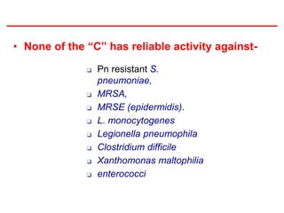 • None of the “C” has reliable activity against-
❑ Pn resistant S.
pneumoniae,
❑ MRSA,
❑ MRSE (epidermidis).
❑ L. monocytogenes
❑ Legionella pneumophila
❑ Clostridium difficile
❑ Xanthomonas maltophilia
❑ enterococci
 