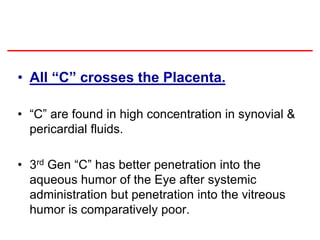 • All “C” crosses the Placenta.
• “C” are found in high concentration in synovial &
pericardial fluids.
• 3rd Gen “C” has better penetration into the
aqueous humor of the Eye after systemic
administration but penetration into the vitreous
humor is comparatively poor.
 