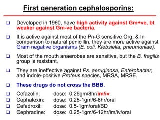 First generation cephalosporins:
❑ Developed in 1960, have high activity against Gm+ve, bt
weaker against Gm-ve bacteria.
❑ It is active against most of the Pn-G sensitive Org. & In
comparison to natural penicillin, they are more active against
Gram negative organisms (E. coli, Klebsiella, pneumoniae).
❑ Most of the mouth anaerobes are sensitive, but the B. fragilis
group is resistant.
❑ They are ineffective against Ps. aeruginosa, Enterobacter,
and indole-positive Proteus species, MRSA, MRSE.
❑ These drugs do not cross the BBB.
❑ Cefazolin: dose: 0.25gm/8hr/im/iv
❑ Cephalexin: dose: 0.25-1gm/6-8hr/oral
❑ Cefadroxil: dose: 0.5-1gm/oral/BD
❑ Cephradine: dose: 0.25-1gm/6-12hr/im/iv/oral
 