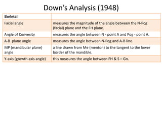 Down’s Analysis (1948)
Skeletal
Facial angle

measures the magnitude of the angle between the N-Pog
(facial) plane and the...