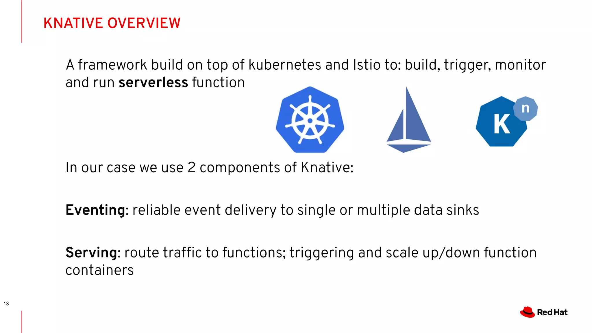 KNATIVE OVERVIEW
13
A framework build on top of kubernetes and Istio to: build, trigger, monitor
and run serverless function
In our case we use 2 components of Knative:
Eventing: reliable event delivery to single or multiple data sinks
Serving: route trafﬁc to functions; triggering and scale up/down function
containers
 