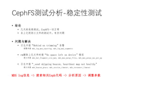 󳧲Է-ȶԲ
? 
? ԣCephFSһ
? ڼСļĲУЩ
? 
? ־бBehind on trimming澯
 mds_log_max_expiringmds_log_max_segments
? rmɾļʱNo space left on device
 mds_bal_fragment_size_maxmds_max_purge_filesmds_max_purge_ops_per_pg
? ־б_send skipping beacon, heartbeat map not healthy
 mds_beacon_gracemds_session_timeoutmds_reconnect_timeout
MDS logϢ -> Ceph -> ԭ -> 
 
