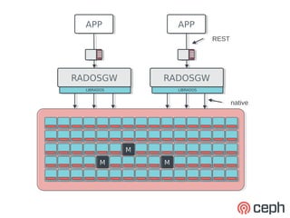 APP
  APP                 APP
                      APP
                                  REST




RADOSGW
RADOSGW           RADOSGW
                  RADOSGW
  LIBRADOS
   LIBRADOS           LIBRADOS
                       LIBRADOS


                                         native




              M
              M
        M
        M         M
                  M
 