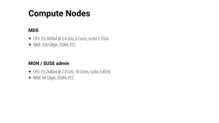 Compute	Nodes
MDS
CPU:	E5-2643v4	@	3.4	GHz,	6	Cores,	turbo	3.7GHz
RAM:	256	GByte,	DDR4,	ECC
MON	/	SUSE	admin
CPU:	E5-2640v4	@	2.4	GHz,	10	Cores,	turbo	3.4GHz
RAM:	64	GByte,	DDR4,	ECC
 