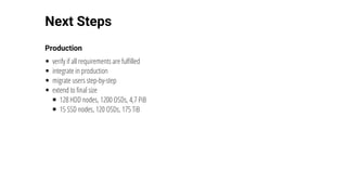 Next	Steps
Production
verify	if	all	requirements	are	fulfilled
integrate	in	production
migrate	users	step-by-step
extend	to	final	size
128	HDD	nodes,	1200	OSDs,	4,7	PiB
15	SSD	nodes,	120	OSDs,	175	TiB
 