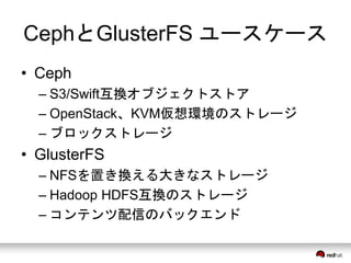 CephとGlusterFS ユースケース 
• Ceph 
– S3/Swift互換オブジェクトストア 
– OpenStack、KVM仮想環境のストレージ 
– ブロックストレージ 
• GlusterFS 
– NFSを置き換える大きなストレージ 
– Hadoop HDFS互換のストレージ 
– コンテンツ配信のバックエンド 
 