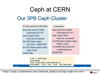 Ceph at CERN 
http://www.slideshare.net/Inktank_Ceph/scaling-ceph-at-cern 
 