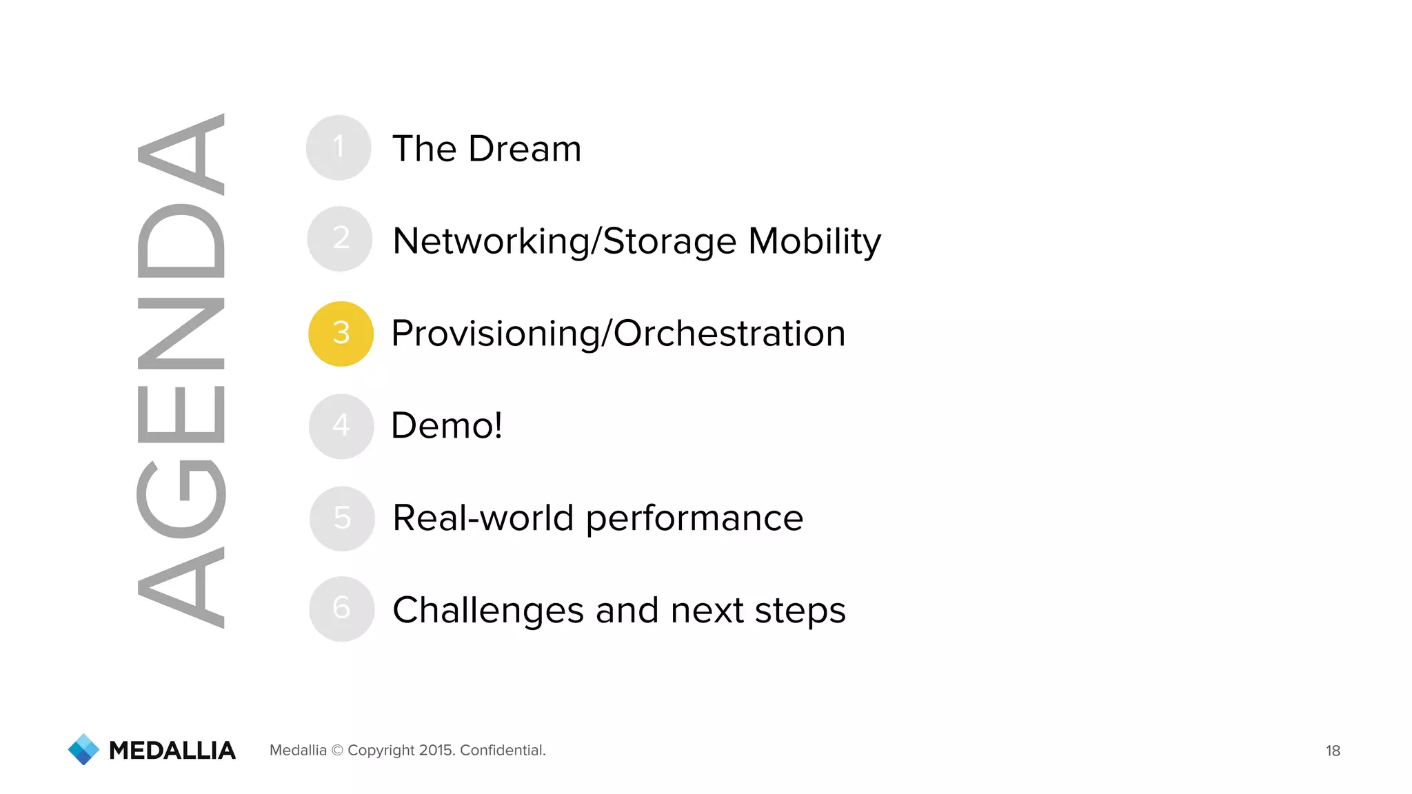 Medallia © Copyright 2015. Confidential. 18
AGENDA
1
2
3
4
5
6
Networking/Storage Mobility
The Dream
Provisioning/Orchestration
Demo!
Real-world performance
Challenges and next steps
 