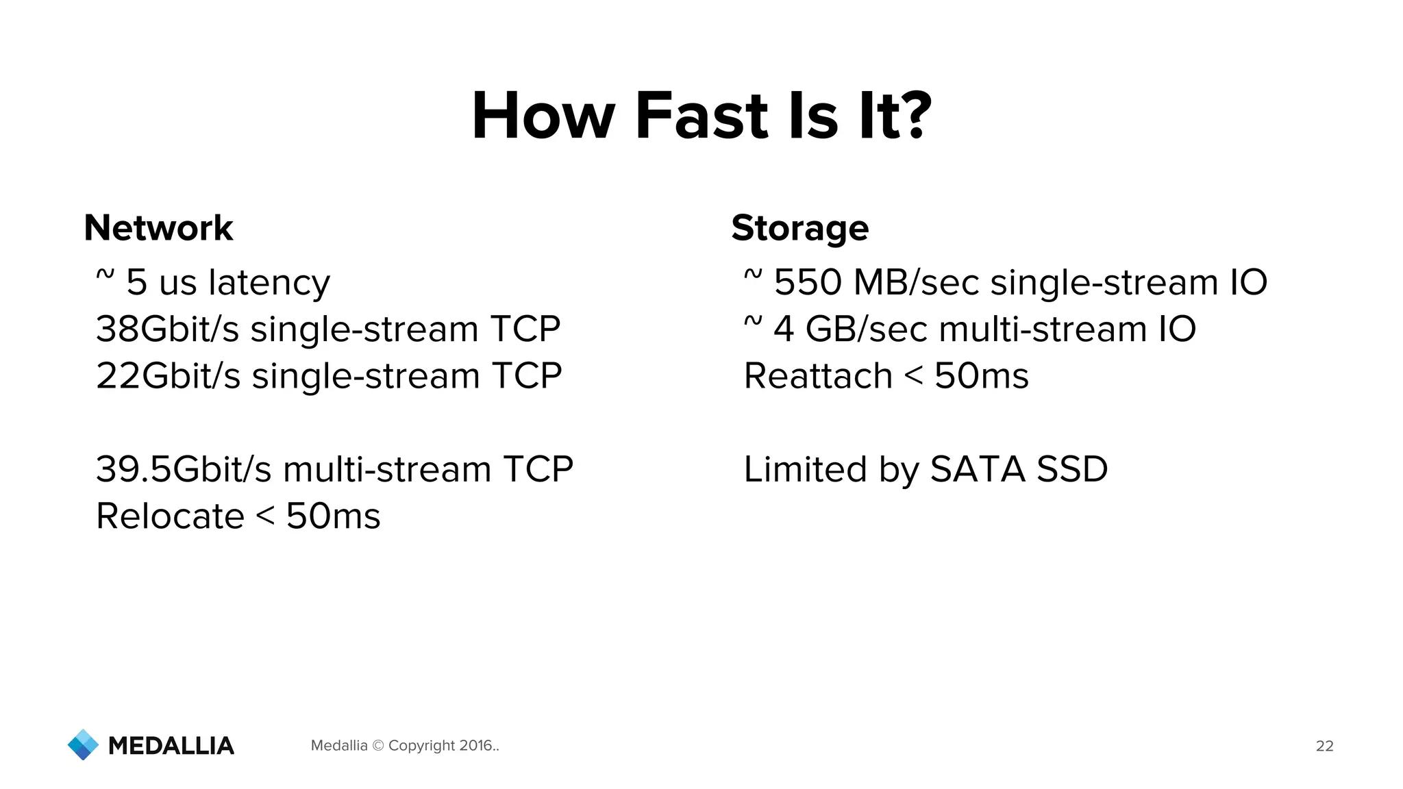 Medallia © Copyright 2016.. 22
How Fast Is It?
StorageNetwork
~ 5 us latency
38Gbit/s single-stream TCP
22Gbit/s single-stream TCP
39.5Gbit/s multi-stream TCP
Relocate < 50ms
~ 550 MB/sec single-stream IO
~ 4 GB/sec multi-stream IO
Reattach < 50ms
Limited by SATA SSD
 