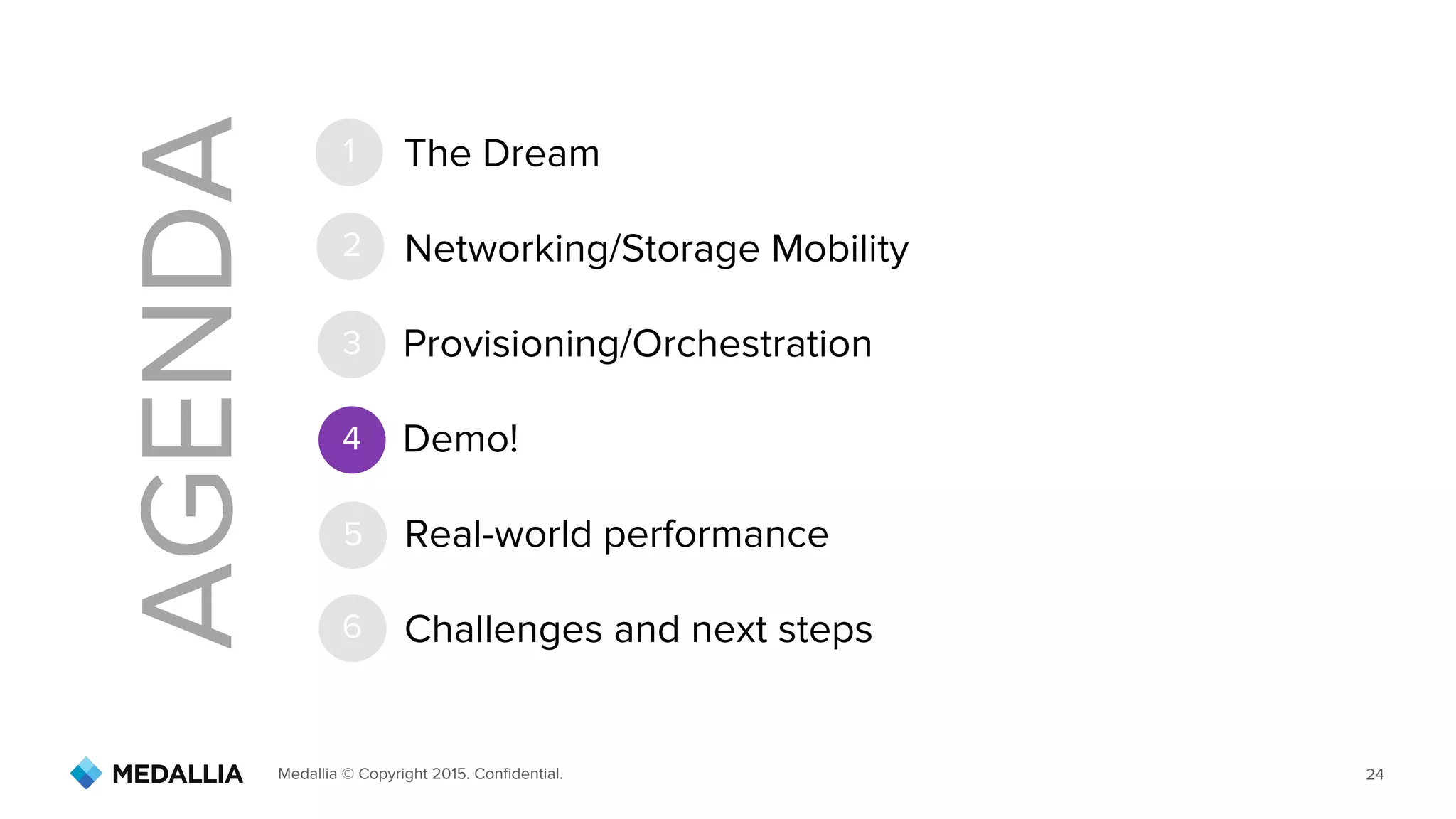 Medallia © Copyright 2015. Confidential. 24
AGENDA
1
2
3
4
5
6
Networking/Storage Mobility
The Dream
Provisioning/Orchestration
Demo!
Real-world performance
Challenges and next steps
 