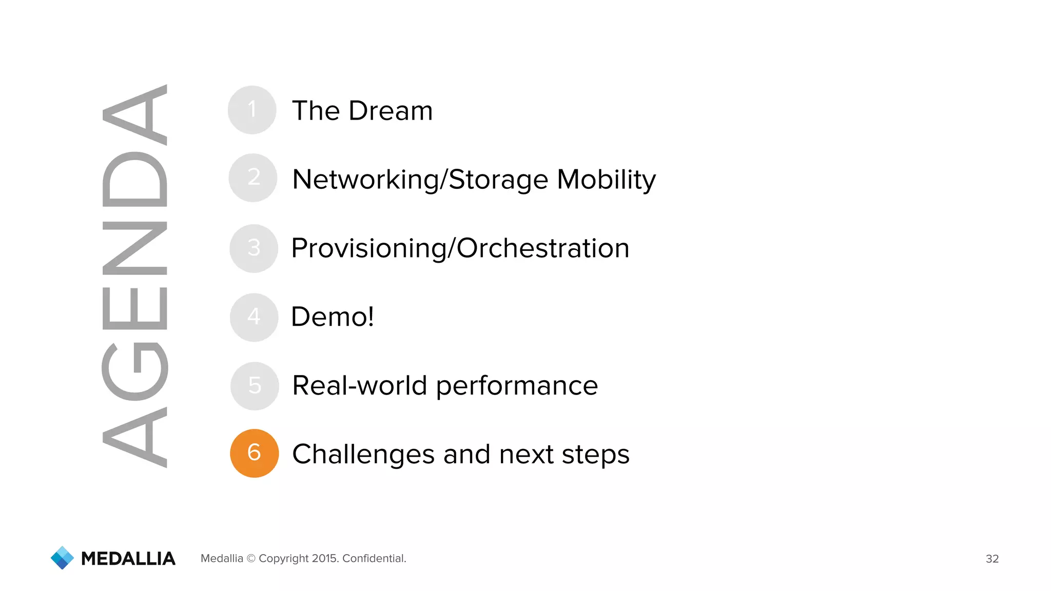 Medallia © Copyright 2015. Confidential. 32
AGENDA
1
2
3
4
5
6
Networking/Storage Mobility
The Dream
Provisioning/Orchestration
Demo!
Real-world performance
Challenges and next steps
 