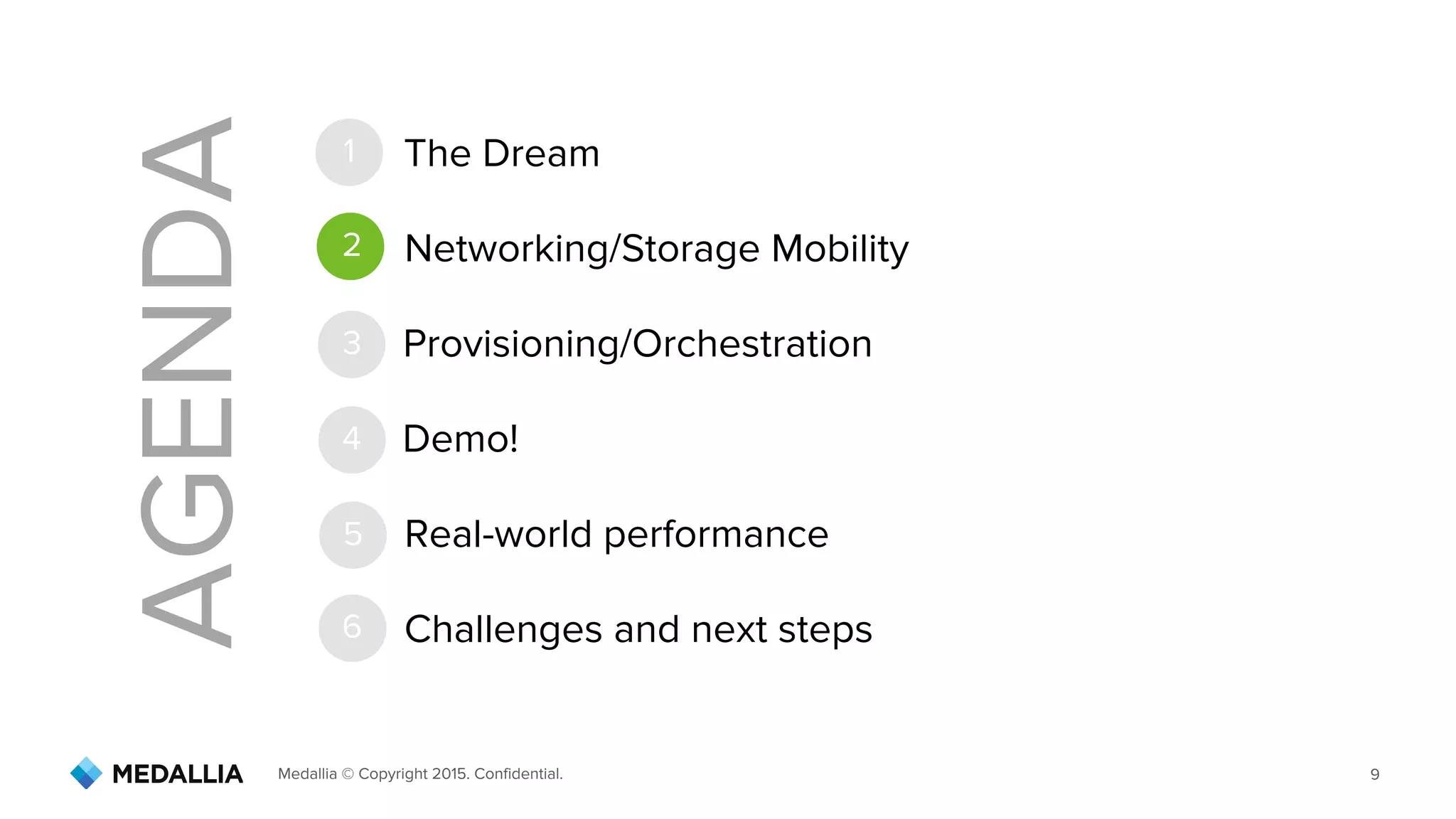 Medallia © Copyright 2015. Confidential. 9
AGENDA
1
2
3
4
5
6
Networking/Storage Mobility
The Dream
Provisioning/Orchestration
Demo!
Real-world performance
Challenges and next steps
 