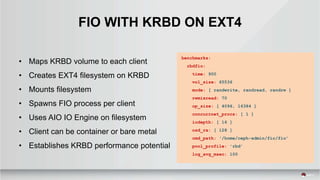 • Maps KRBD volume to each client
• Creates EXT4 filesystem on KRBD
• Mounts filesystem
• Spawns FIO process per client
• ...