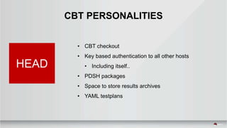 CBT PERSONALITIES
HEAD
• CBT checkout
• Key based authentication to all other hosts
• Including itself..
• PDSH packages
•...