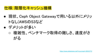 仕様: 階層化キャッシュ機構
● 現状、Ceph Object Gatewayで用いる以外にメリッ
トなし(AWSのS3など
● デメリットが多い
○ 複雑性、ベンチマーク取得の難しさ、速度がさ
がる
https://www.slideshare.net/Yuryu/ceph-36503772
 