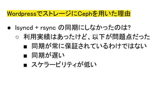 WordpressでストレージにCephを用いた理由
● lsyncd + rsync の同期にしなかったのは?
○ 利用実績はあったけど、以下が問題点だった
■ 同期が常に保証されているわけではない
■ 同期が遅い
■ スケラービリティが低い
 