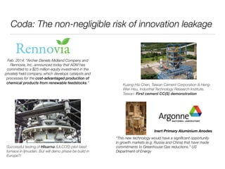 Coda: The non-negligible risk of innovation leakage 
Kuang-Hsi Chen, Taiwan Cement Corporation & Heng- 
Wen Hsu, Industrial Technology Research Institute, 
Taiwan: First cement CC(S) demonstration 
Thank you! 
Feb. 2014: “Archer Daniels Midland Company and 
Rennovia, Inc. announced today that ADM has 
committed to a $25 million equity investment in the 
privately held company, which develops catalysts and 
processes for the cost-advantaged production of 
chemical products from renewable feedstocks.” 
For more information please contact: 
Tomas.Wyns@vub.ac.be 
Successful testing of HIsarna (ULCOS) pilot blast 
furnace in Ijmuiden. But will demo phase be build in 
Europe?! 
Inert Primary Aluminium Anodes 
“This new technology would have a significant opportunity 
in growth markets (e.g. Russia and China) that have made 
commitments to Greenhouse Gas reductions.” US 
Department of Energy 
