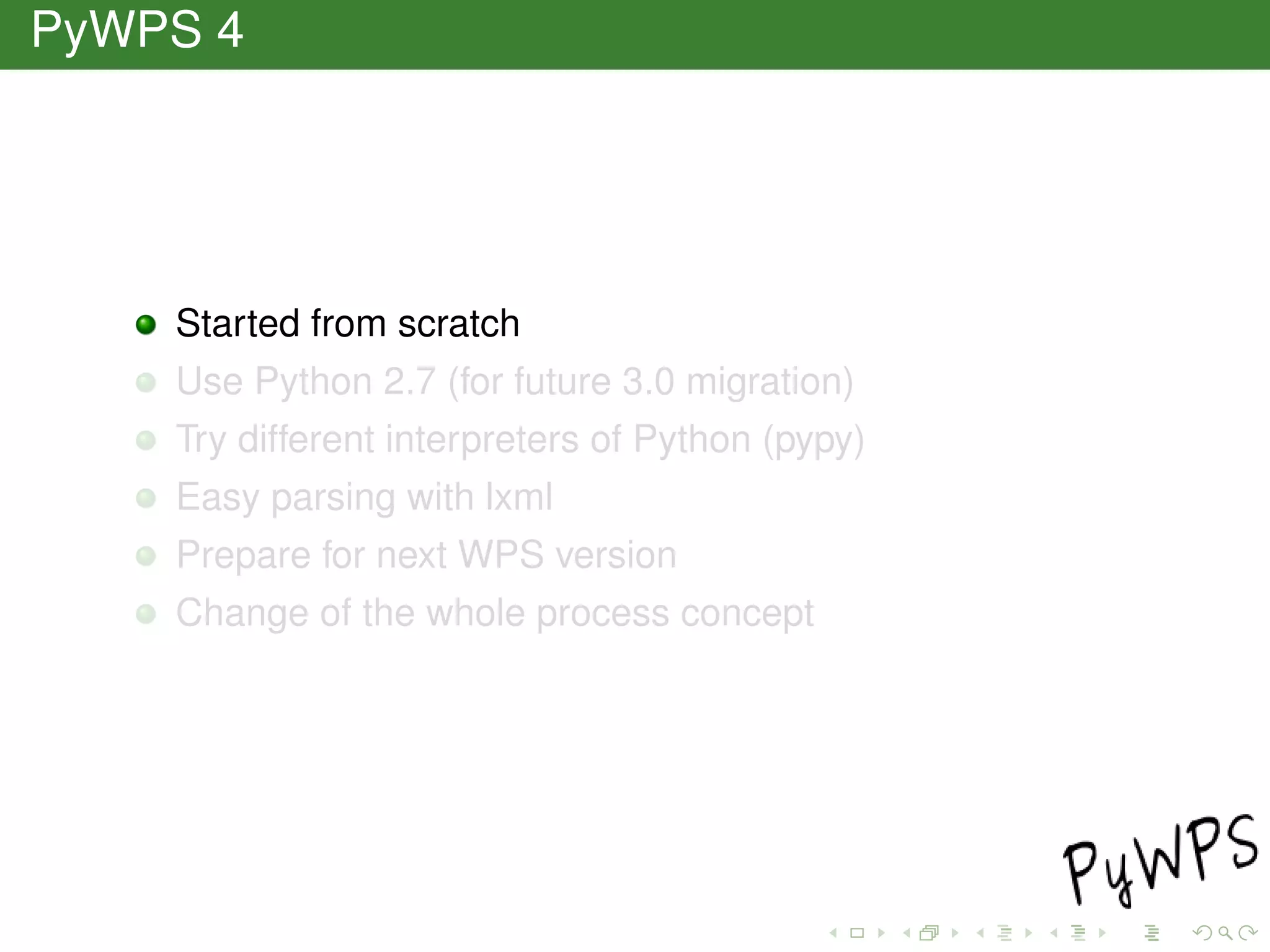 PyWPS 4
Started from scratch
Use Python 2.7 (for future 3.0 migration)
Try different interpreters of Python (pypy)
Easy parsing with lxml
Prepare for next WPS version
Change of the whole process concept
 
