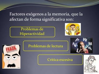Factores exógenos a la memoria, que la afectan de forma significativa son:Problemas de HiperactividadProblemas de lecturaCrítica excesiva
