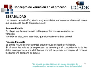 22.. CCoonncceeppttoo ddee vvaarriiaacciióónn eenn eell pprroocceessoo 
Las causas de variación, aleatorias y especiales, así como su intensidad hacen 
que un proceso pueda diferenciarse en: 
Proceso Estable 
Es el que resulta cuando sólo están presentes causas aleatorias de 
variación. 
También se dice, para este caso, que el proceso está bajo control. 
Proceso Inestable 
Es el que resulta cuando aparece alguna causa especial de variación. 
Si, al tomar los valores de un proceso, se asume que el comportamiento de los 
datos corresponde a una distribución normal, se puede representar el proceso 
mediante una campana de Gauss. 
22 
EESSTTAABBIILLIIDDAADD 
“Un proceso que está operando sin causas especiales de 
variación se dice que está en un estado de control estadístico” 
 
