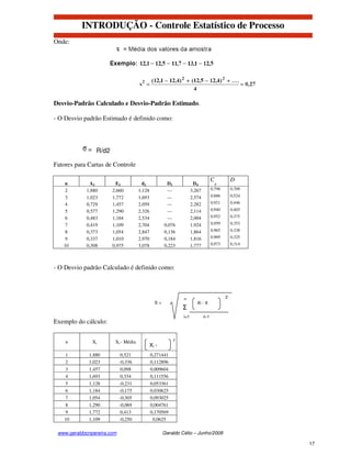 INTRODUÇÃO - Controle Estatístico de Processo
Onde:




Desvio-Padrão Calculado e Desvio-Padrão Estimado.

- O Desvio padrão Estimado é definido como:



             = R/d2

Fatores para Cartas de Controle

                                                                                 C           D
   n         A2          E2            d2            D3             D4             4
    2       1,880      2,660         1,128            ---          3,267         0,798       0,709

    3       1,023      1,772         1,693            ---          2,574         0,886       0,524

    4       0,729      1,457         2,059            ---          2,282         0,921       0,446

    5       0,577      1,290         2,326            ---          2,114         0,940       0,403

    6       0,483      1,184         2,534            ---          2,004         0,952       0,375

    7       0,419      1,109         2,704          0,076          1,924         0,959       0,353

    8       0,373      1,054         2,847          0,136          1,864         0,965       0,338

    9       0,337      1,010         2,970          0,184          1,816         0,969       0,325

   10       0,308      0,975         3,078          0,223          1,777         0,973       0,314




- O Desvio padrão Calculado é definido como:



                                                             n                           2
                                               S=                     Xi - X
                                                            Σ
                                                             i=1           n-1
Exemplo do cálculo:

                                                        2
    n          Xi       Xi - Média
                                             Xi -
    1        1,880          0,521            0,271441
    2        1,023          -0,336           0,112896
    3        1,457          0,098            0,009604
    4        1,693          0,334            0,111556
    5        1,128          -0,231           0,053361
    6        1,184          -0,175           0,030625
    7        1,054          -0,305           0,093025
    8        1,290          -0,069           0,004761
    9        1,772          0,413            0,170569
    10       1,109          -0,250            0,0625

 www.geraldocnpereira.com                           Geraldo Célio – Junho/2008

                                                                                                     17
 