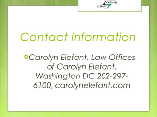 Contact Information
Carolyn

Elefant, Law Offices
of Carolyn Elefant,
Washington DC 202-2976100, carolynelefant.com

 