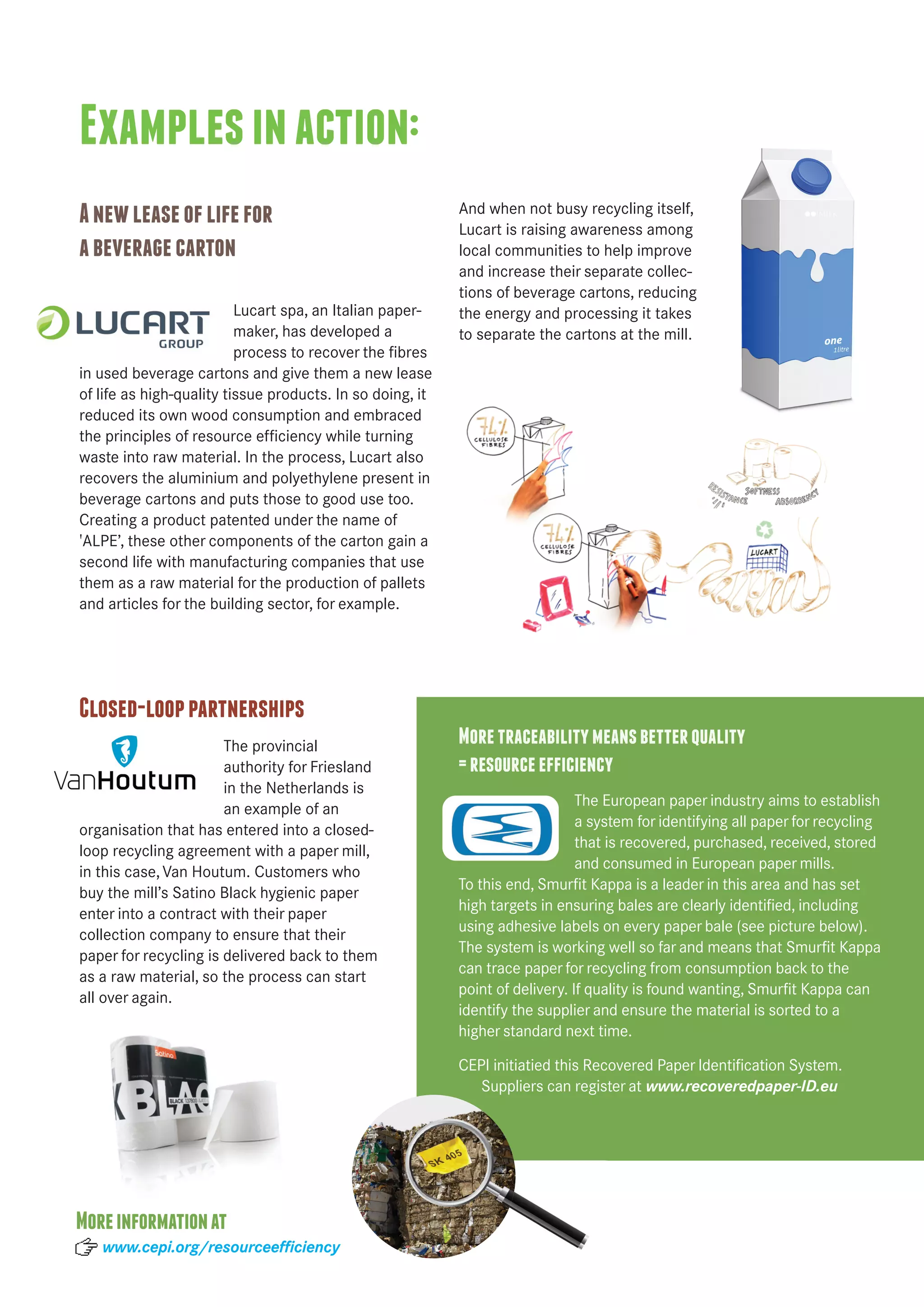 A new lease of life for 
a beverage carton 
Lucart spa, an Italian paper-maker, 
has developed a 
process to recover the fibres 
in used beverage cartons and give them a new lease 
of life as high-quality tissue products. In so doing, it 
reduced its own wood consumption and embraced 
the principles of resource efficiency while turning 
waste into raw material. In the process, Lucart also 
recovers the aluminium and polyethylene present in 
beverage cartons and puts those to good use too. 
Creating a product patented under the name of 
'ALPE’, these other components of the carton gain a 
second life with manufacturing companies that use 
them as a raw material for the production of pallets 
and articles for the building sector, for example. 
And when not busy recycling itself, 
Lucart is raising awareness among 
local communities to help improve 
and increase their separate collec-tions 
of beverage cartons, reducing 
the energy and processing it takes 
to separate the cartons at the mill. 
More traceability means better quality 
= resource efficiency 
The European paper industry aims to establish 
a system for identifying all paper for recycling 
that is recovered, purchased, received, stored 
and consumed in European paper mills. 
To this end, Smurfit Kappa is a leader in this area and has set 
high targets in ensuring bales are clearly identified, including 
using adhesive labels on every paper bale (see picture below). 
The system is working well so far and means that Smurfit Kappa 
can trace paper for recycling from consumption back to the 
point of delivery. If quality is found wanting, Smurfit Kappa can 
identify the supplier and ensure the material is sorted to a 
higher standard next time. 
CEPI initiatied this Recovered Paper Identification System. 
Suppliers can register at www.recoveredpaper-ID.eu 
Examples in action: 
Closed-loop partnerships 
The provincial 
authority for Friesland 
in the Netherlands is 
an example of an 
organisation that has entered into a closed-loop 
recycling agreement with a paper mill, 
in this case, Van Houtum. Customers who 
buy the mill’s Satino Black hygienic paper 
enter into a contract with their paper 
collection company to ensure that their 
paper for recycling is delivered back to them 
as a raw material, so the process can start 
all over again. 
More information at 
www.cepi.org/resourceefficiency 
