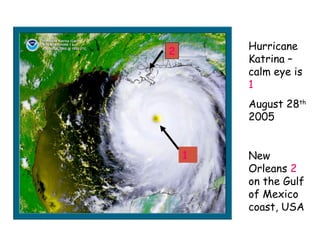 Hurricane
Katrina –
calm eye is
1
August 28th
2005
New
Orleans 2
on the Gulf
of Mexico
coast, USA
2
1
 