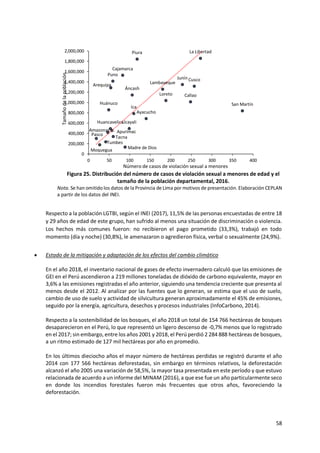 58
Figura 25. Distribución del número de casos de violación sexual a menores de edad y el
tamaño de la población departamental, 2016.
Nota. Se han omitido los datos de la Provincia de Lima por motivos de presentación. Elaboración CEPLAN
a partir de los datos del INEI.
Respecto a la población LGTBI, según el INEI (2017), 11,5% de las personas encuestadas de entre 18
y 29 años de edad de este grupo, han sufrido al menos una situación de discriminación o violencia.
Los hechos más comunes fueron: no recibieron el pago prometido (33,3%), trabajó en todo
momento (día y noche) (30,8%), le amenazaron o agredieron física, verbal o sexualmente (24,9%).
 Estado de la mitigación y adaptación de los efectos del cambio climático
En el año 2018, el inventario nacional de gases de efecto invernadero calculó que las emisiones de
GEI en el Perú ascendieron a 219 millones toneladas de dióxido de carbono equivalente, mayor en
3,6% a las emisiones registradas el año anterior, siguiendo una tendencia creciente que presenta al
menos desde el 2012. Al analizar por las fuentes que lo generan, se estima que el uso de suelo,
cambio de uso de suelo y actividad de silvicultura generan aproximadamente el 45% de emisiones,
seguido por la energía, agricultura, desechos y procesos industriales (InfoCarbono, 2014).
Respecto a la sostenibilidad de los bosques, el año 2018 un total de 154 766 hectáreas de bosques
desaparecieron en el Perú, lo que representó un ligero descenso de -0,7% menos que lo registrado
en el 2017; sin embargo, entre los años 2001 y 2018, el Perú perdió 2 284 888 hectáreas de bosques,
a un ritmo estimado de 127 mil hectáreas por año en promedio.
En los últimos dieciocho años el mayor número de hectáreas perdidas se registró durante el año
2014 con 177 566 hectáreas deforestadas, sin embargo en términos relativos, la deforestación
alcanzó el año 2005 una variación de 58,5%, la mayor tasa presentada en este período y que estuvo
relacionada de acuerdo a un informe del MINAM (2016), a que ese fue un año particularmente seco
en donde los incendios forestales fueron más frecuentes que otros años, favoreciendo la
deforestación.
Amazonas
Áncash
Apurímac
Arequipa
Ayacucho
Cajamarca
Callao
Cusco
Huancavelica
Huánuco
Ica
Junín
La Libertad
Lambayeque
Loreto
Madre de Dios
Moquegua
Pasco
Piura
Puno
San Martín
Tacna
Tumbes
Ucayali
0
200,000
400,000
600,000
800,000
1,000,000
1,200,000
1,400,000
1,600,000
1,800,000
2,000,000
0 50 100 150 200 250 300 350 400
Tamaño
de
la
población
Número de casos de violación sexual a menores
 