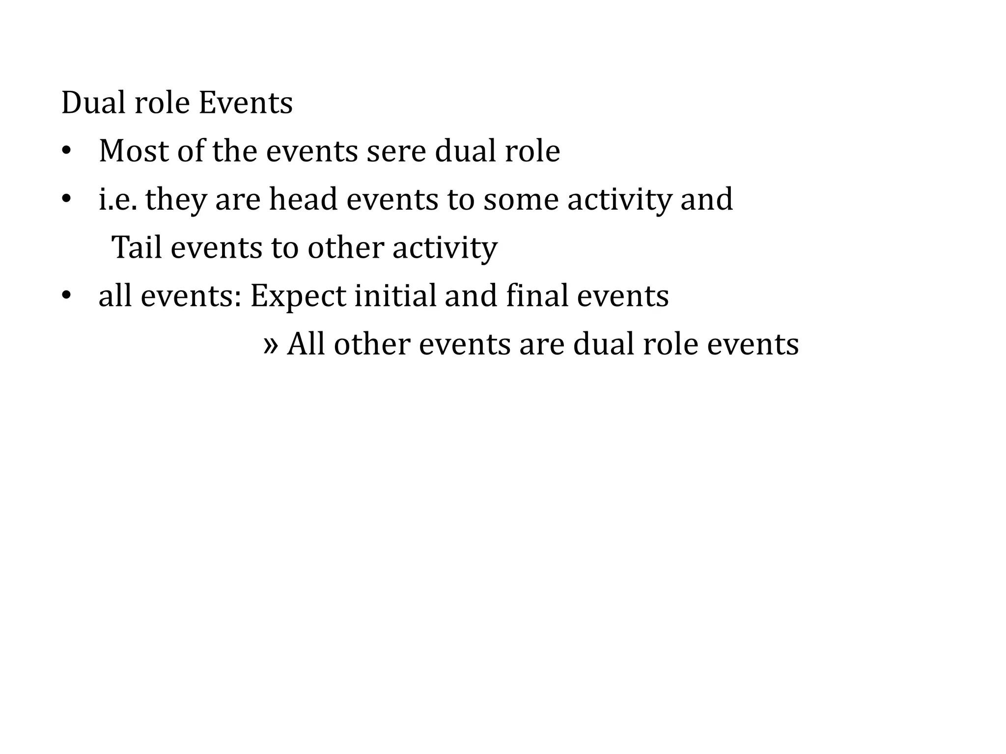 Dual role Events
• Most of the events sere dual role
• i.e. they are head events to some activity and
Tail events to other activity
• all events: Expect initial and final events
» All other events are dual role events
 