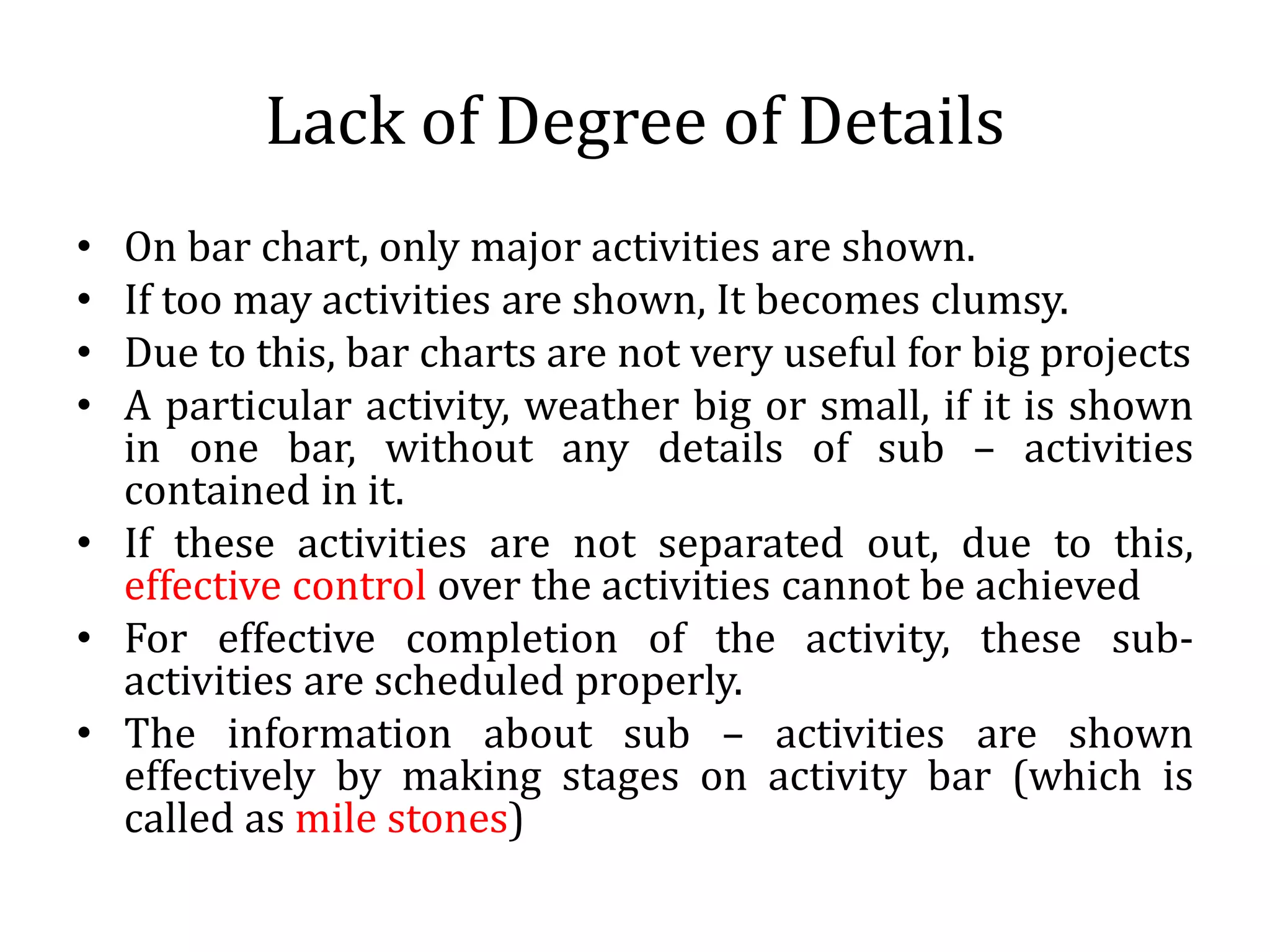Lack of Degree of Details
• On bar chart, only major activities are shown.
• If too may activities are shown, It becomes clumsy.
• Due to this, bar charts are not very useful for big projects
• A particular activity, weather big or small, if it is shown
in one bar, without any details of sub – activities
contained in it.
• If these activities are not separated out, due to this,
effective control over the activities cannot be achieved
• For effective completion of the activity, these sub-
activities are scheduled properly.
• The information about sub – activities are shown
effectively by making stages on activity bar (which is
called as mile stones)
 