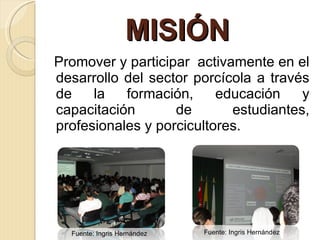 MISIÓN  Promover y participar  activamente en el desarrollo del sector porcícola a través de la formación, educación y capacitación de estudiantes, profesionales y porcicultores.  Fuente: Ingris Hernández  Fuente: Ingris Hernández  