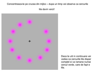 Concentreaza-te pe crucea din mijloc – dupa un timp vei observa ca cercurile lila devin verzi!   Daca te uiti in continuare vei vedea ca cercurile lila dispar complet si va ramane numai cercul verde, care de fapt e lila. 