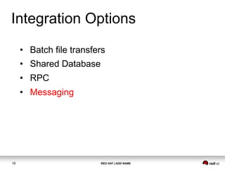 RED HAT | ADD NAME16
•  Batch file transfers
•  Shared Database
•  RPC
•  Messaging
Integration Options
 