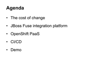 • The cost of change
• JBoss Fuse integration platform
• OpenShift PaaS
• CI/CD
• Demo
Agenda
 
