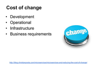 • Development
• Operational
• Infrastructure
• Business requirements
Cost of change
http://blog.christianposta.com/microservices/microservices-and-reducing-the-cost-of-change/
 