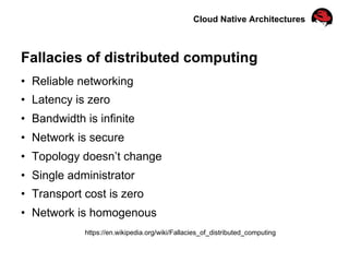 Cloud Native Architectures
Fallacies of distributed computing
•  Reliable networking
•  Latency is zero
•  Bandwidth is infinite
•  Network is secure
•  Topology doesn’t change
•  Single administrator
•  Transport cost is zero
•  Network is homogenous
https://en.wikipedia.org/wiki/Fallacies_of_distributed_computing
 