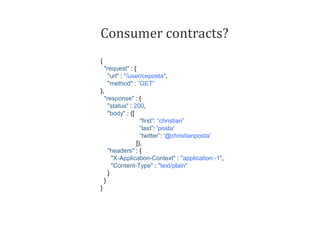 Consumer contracts?
{
"request" : {
"url" : "/user/ceposta",
"method" : ”GET”
},
"response" : {
"status" : 200,
"body" : ([
“first”: “christian”
“last”: 'posta'
“twitter”: '@christianposta'
]),
"headers" : {
"X-Application-Context" : "application:-1",
"Content-Type" : "text/plain"
}
}
}
 