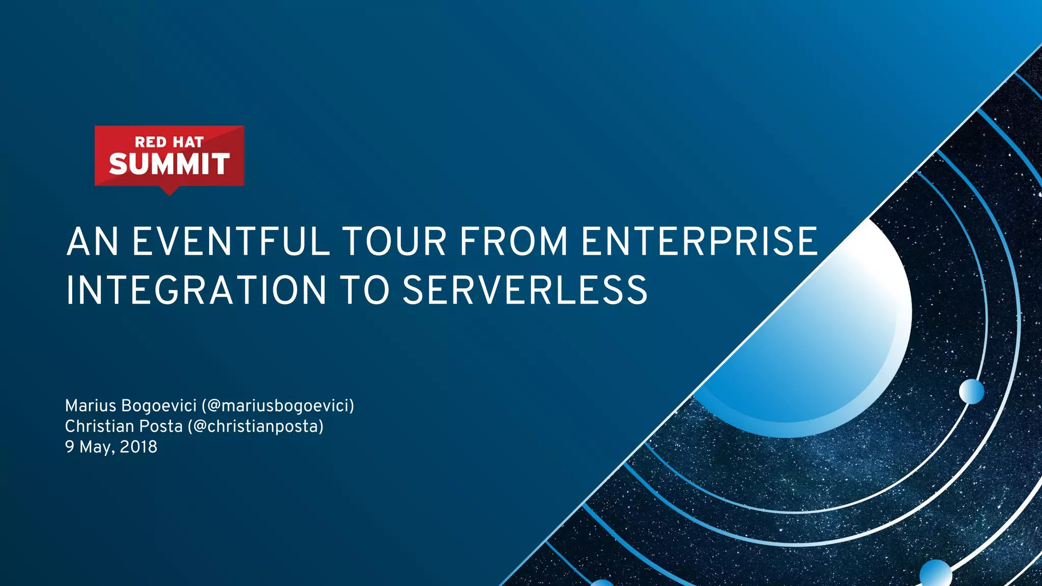 AN EVENTFUL TOUR FROM ENTERPRISE
INTEGRATION TO SERVERLESS
Marius Bogoevici (@mariusbogoevici)
Christian Posta (@christianposta)
9 May, 2018
 