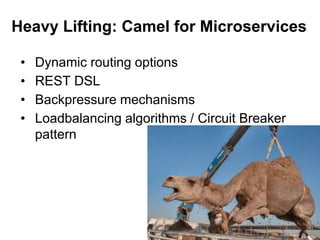 • Dynamic routing options
• REST DSL
• Backpressure mechanisms
• Loadbalancing algorithms / Circuit Breaker
pattern
Heavy Lifting: Camel for Microservices
 