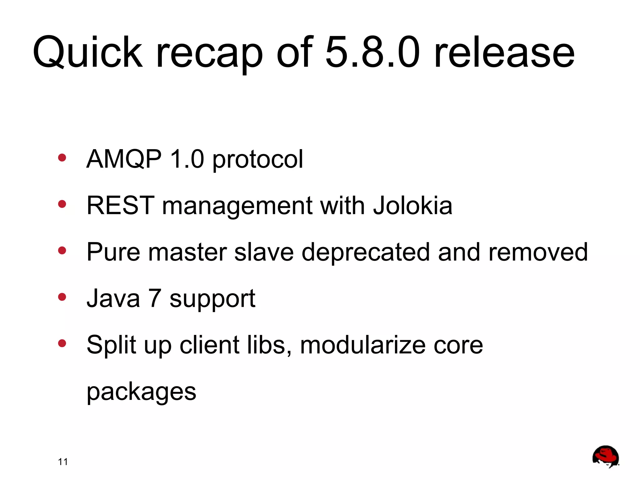 11
• AMQP 1.0 protocol
• REST management with Jolokia
• Pure master slave deprecated and removed
• Java 7 support
• Split up client libs, modularize core
packages
Quick recap of 5.8.0 release
 