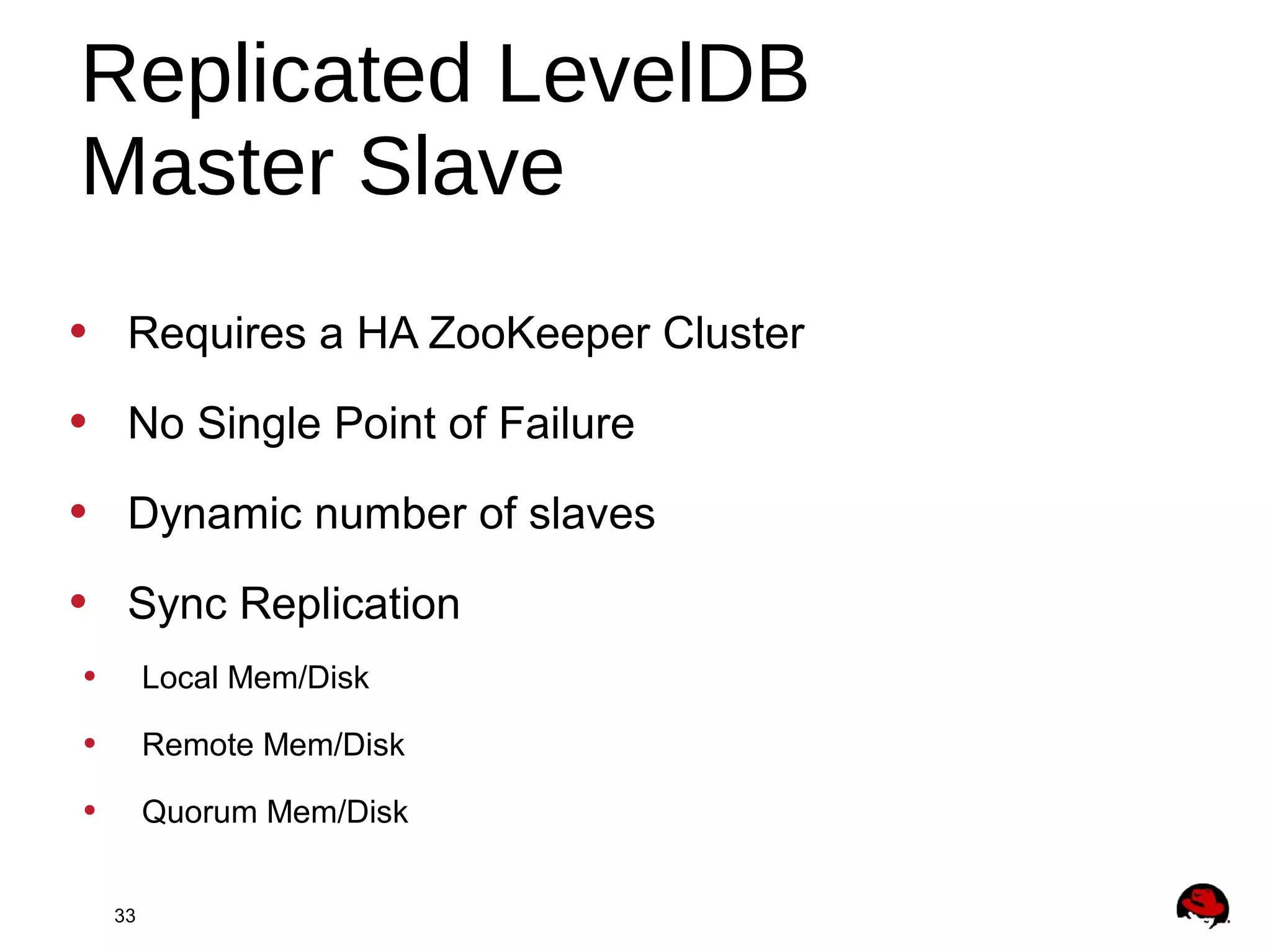 33
• Requires a HA ZooKeeper Cluster
• No Single Point of Failure
• Dynamic number of slaves
• Sync Replication
• Local Mem/Disk
• Remote Mem/Disk
• Quorum Mem/Disk
Replicated LevelDB
Master Slave
 