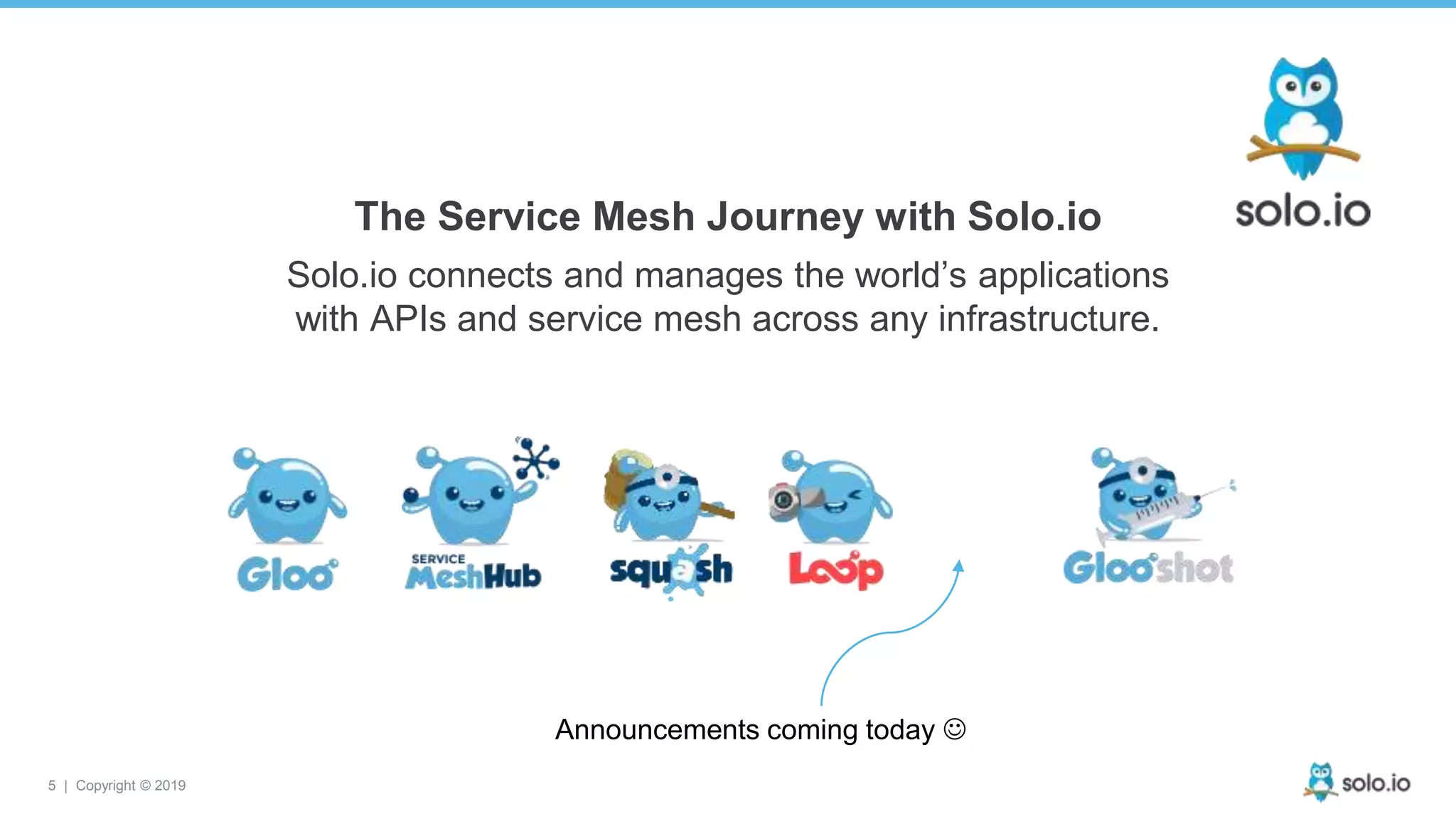 5 | Copyright © 2019
The Service Mesh Journey with Solo.io
Solo.io connects and manages the world’s applications
with APIs and service mesh across any infrastructure.
Announcements coming today 
 