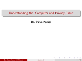 Understanding the ’Computer and Privacy’ Issue
Dr. Varun Kumar
Dr. Varun Kumar (IIIT Surat) Lecture-14 1 / 8
 