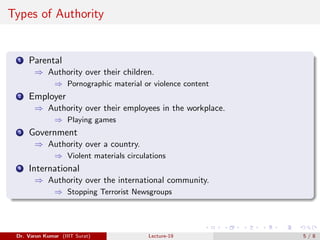 Types of Authority
1 Parental
⇒ Authority over their children.
⇒ Pornographic material or violence content
2 Employer
⇒ Authority over their employees in the workplace.
⇒ Playing games
3 Government
⇒ Authority over a country.
⇒ Violent materials circulations
4 International
⇒ Authority over the international community.
⇒ Stopping Terrorist Newsgroups
Dr. Varun Kumar (IIIT Surat) Lecture-19 5 / 8
 