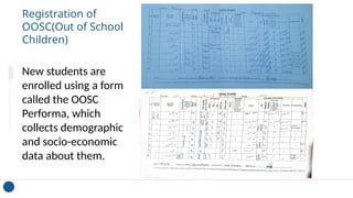 Registration of
OOSC(Out of School
Children)
New students are
enrolled using a form
called the OOSC
Performa, which
collects demographic
and socio-economic
data about them.
 