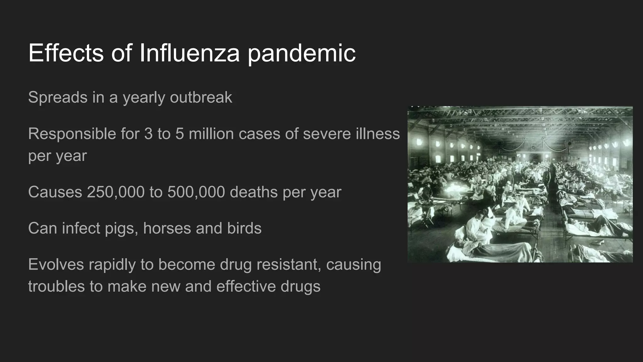 Effects of Influenza pandemic
Spreads in a yearly outbreak
Responsible for 3 to 5 million cases of severe illness
per year
Causes 250,000 to 500,000 deaths per year
Can infect pigs, horses and birds
Evolves rapidly to become drug resistant, causing
troubles to make new and effective drugs
 